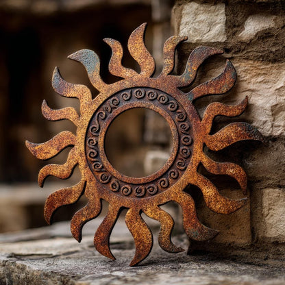 UV Printed Aluminum Sun Wall Art, Rustic Fire Decor, Outdoor Patio Sign (2D Metal)