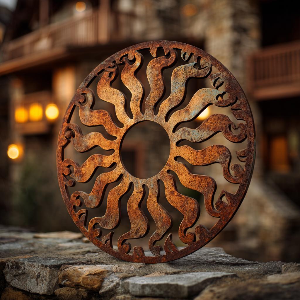 UV Printed Aluminum Sun Wall Art, Rustic Fire Decor, Outdoor Patio Sign (2D Metal)