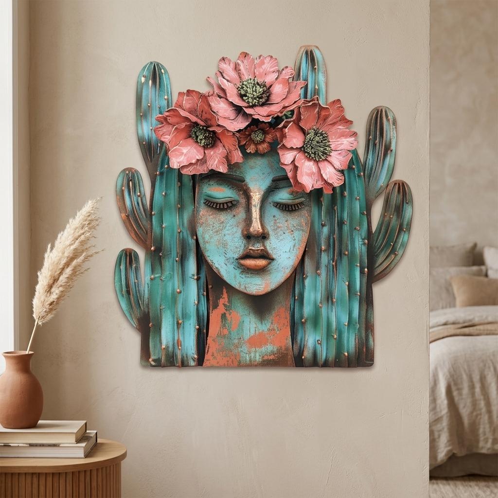 Desert Woman Metal Wall Art, Cactus Floral Crown, Southwestern Boho Decor (UV Printed Aluminum)