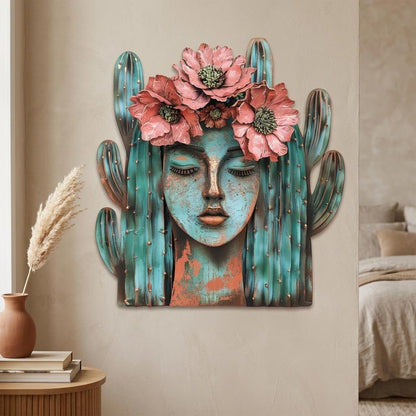 Desert Woman Metal Wall Art, Cactus Floral Crown, Southwestern Boho Decor (UV Printed Aluminum)