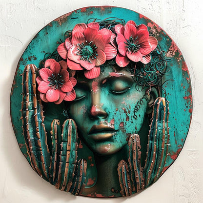 Desert Woman Metal Wall Art, Cactus Floral Crown, Southwestern Boho Decor (UV Printed Aluminum)