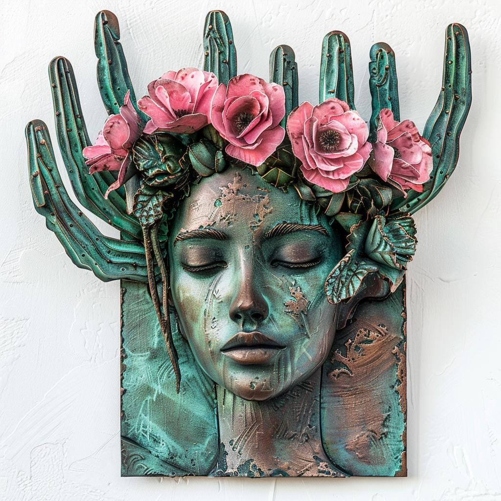 Desert Woman Metal Wall Art, Cactus Floral Crown, Southwestern Boho Decor (UV Printed Aluminum)