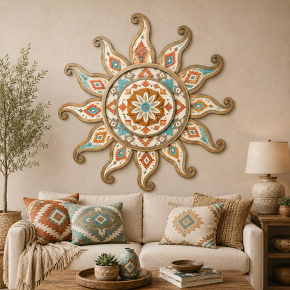 Southwestern Sunburst Metal Wall Art: UV Printed Aluminum, Boho Desert Decor