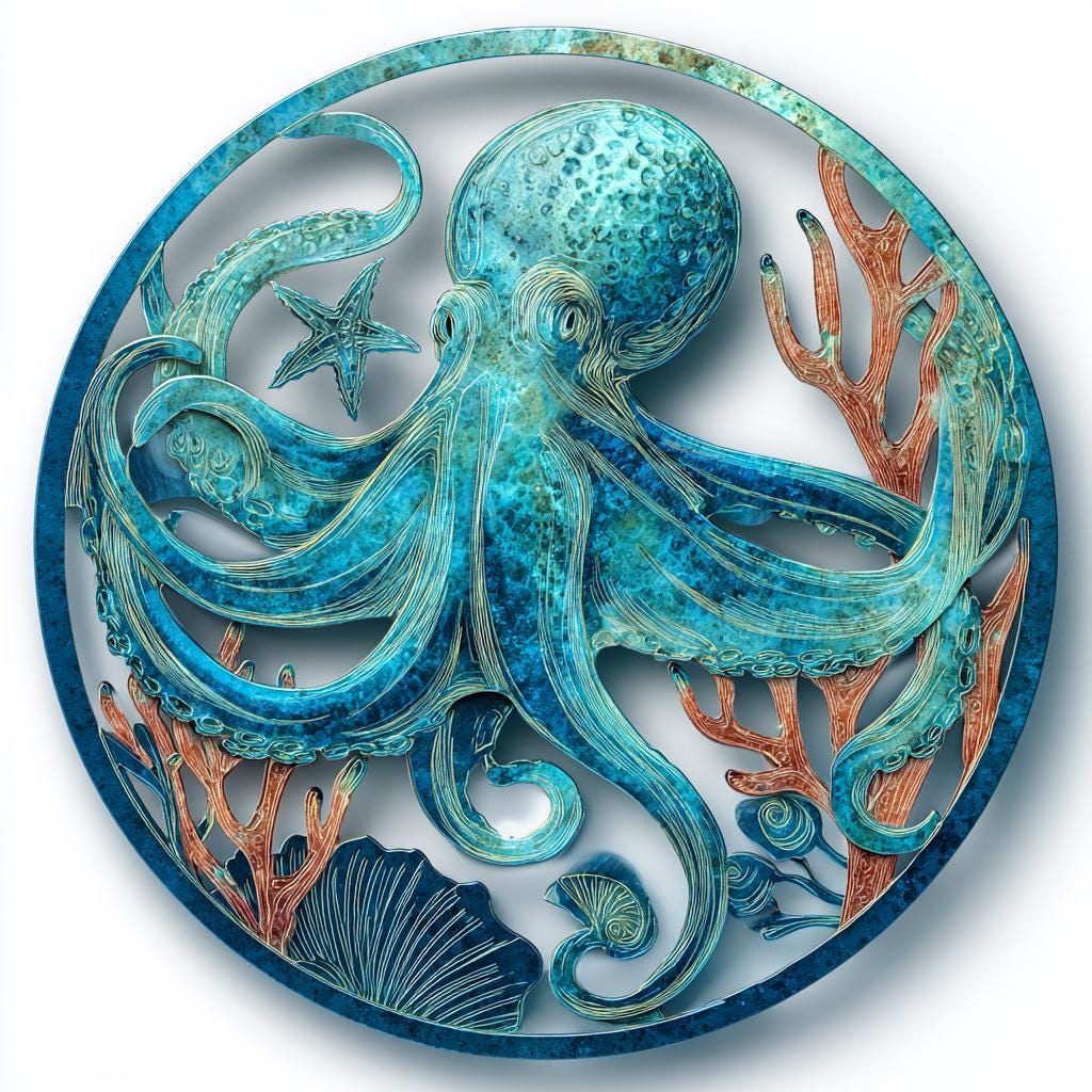 Octopus Metal Wall Art: Coastal Ocean UV Printed Aluminum Nautical Marine Life Hanging Sign