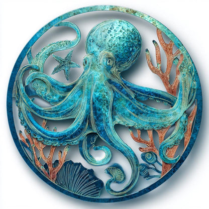 Octopus Metal Wall Art: Coastal Ocean UV Printed Aluminum Nautical Marine Life Hanging Sign