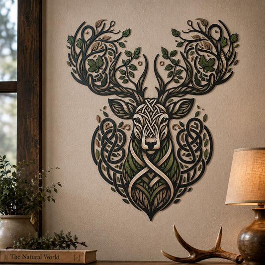 Celtic Deer Metal Wall Art, UV Printed Aluminum Stag Head Decor, Rustic Cabin Sign