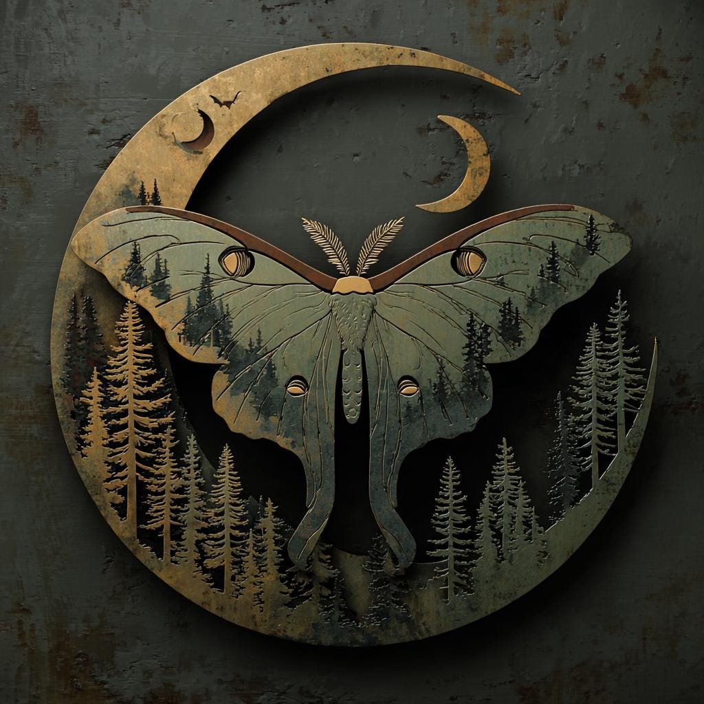 Luna Moth Metal Wall Art, Moon Forest Decor, Gothic Woodland Sign (UV Printed Aluminum)