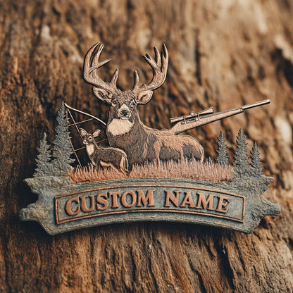 Custom Deer Hunter Metal Sign, Personalized Bow & Rifle Wall Art (UV Printed Aluminum)