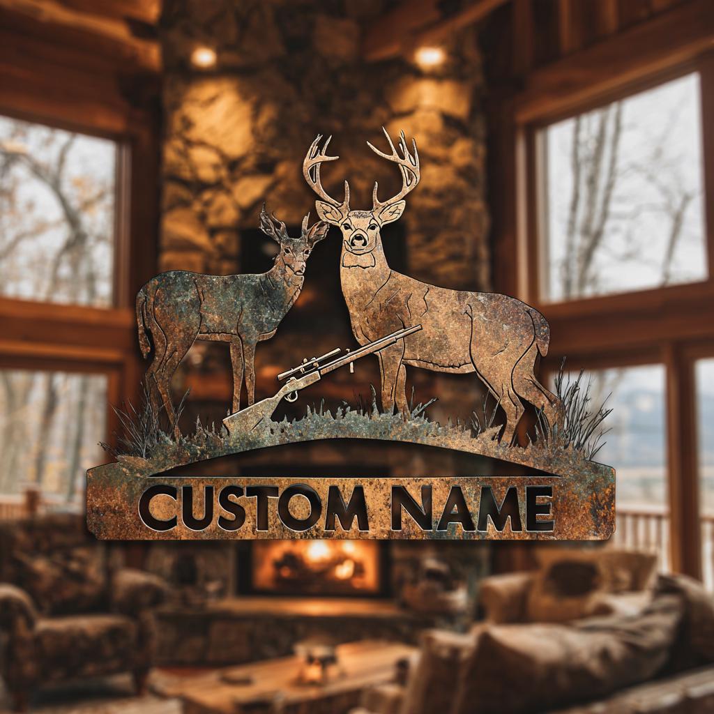 Custom Deer Hunter Metal Sign, Personalized Bow & Rifle Wall Art (UV Printed Aluminum)