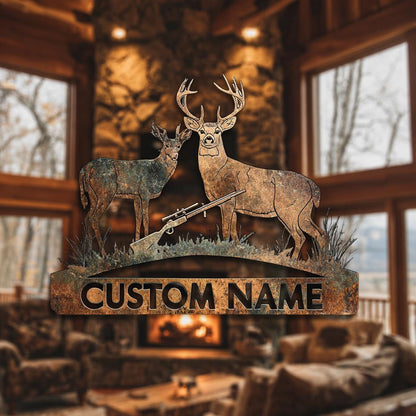 Custom Deer Hunter Metal Sign, Personalized Bow & Rifle Wall Art (UV Printed Aluminum)