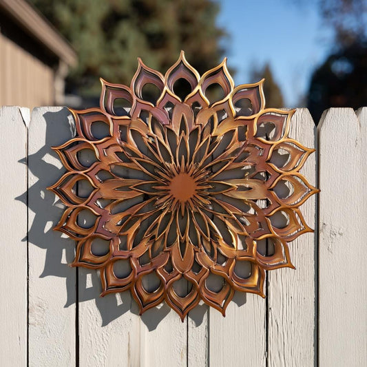Boho Mandala Metal Wall Art UV Printed Floral Copper Sunburst Decor