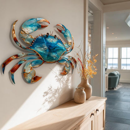 Blue Crab Metal Wall Art: UV Printed Aluminum Sign, Coastal Beach Decor