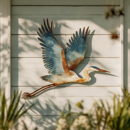 Flying Heron Metal Wall Art: Coastal Bird Decor (UV Printed Aluminum)