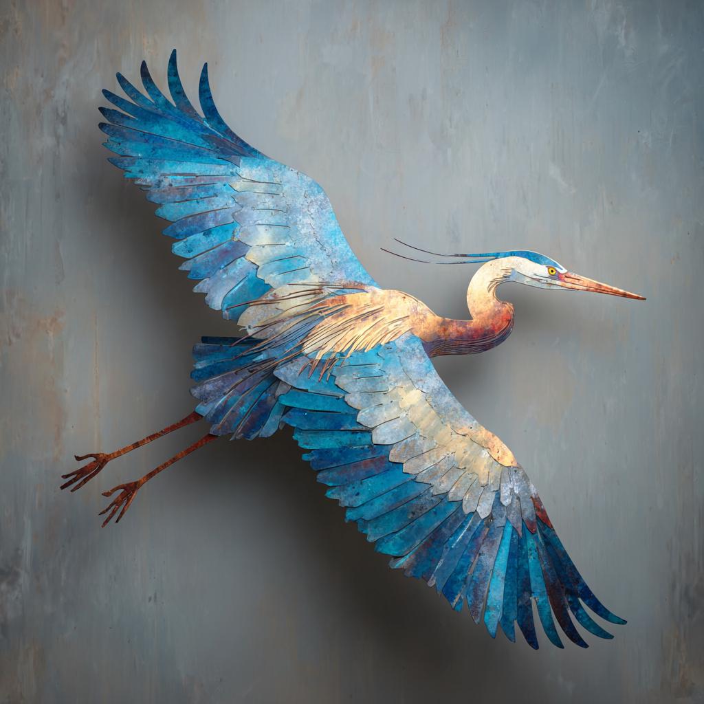 Flying Heron Metal Wall Art: Coastal Bird Decor (UV Printed Aluminum)