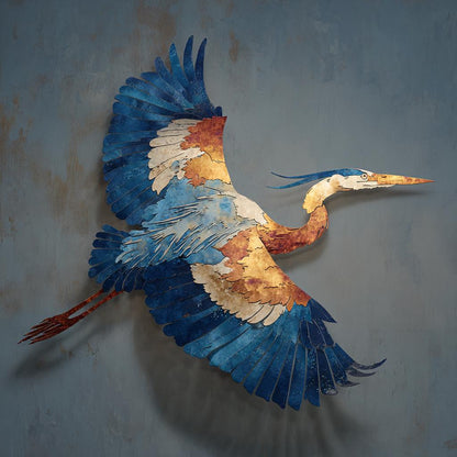 Flying Heron Metal Wall Art: Coastal Bird Decor (UV Printed Aluminum)