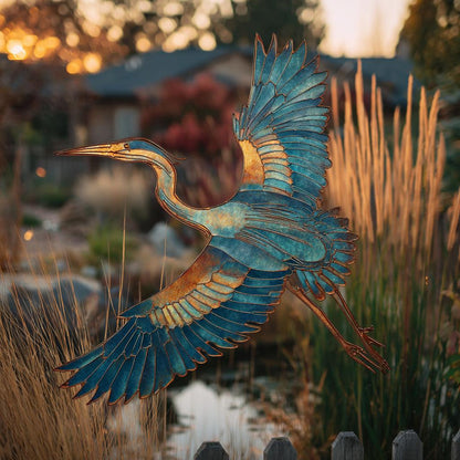 Flying Heron Metal Wall Art: Coastal Bird Decor (UV Printed Aluminum)