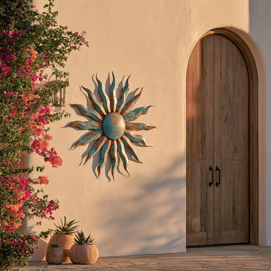 UV Printed Aluminum Sunburst Wall Art, Southwestern Patio Decor, Rustic Boho Garden Art