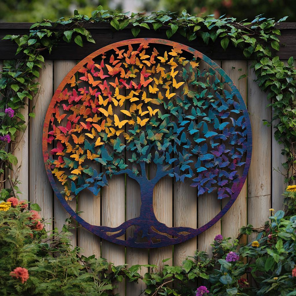 UV Printed Aluminum Butterfly Tree of Life Wall Art, Rainbow Garden Decor