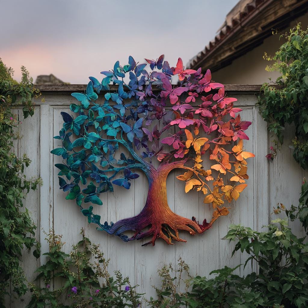 UV Printed Aluminum Butterfly Tree of Life Wall Art, Rainbow Garden Decor
