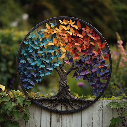 UV Printed Aluminum Butterfly Tree of Life Wall Art, Rainbow Garden Decor