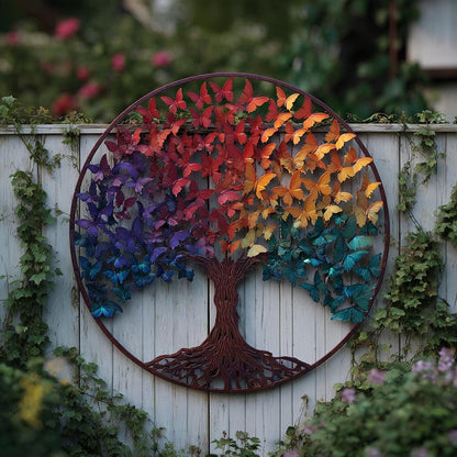 UV Printed Aluminum Butterfly Tree of Life Wall Art, Rainbow Garden Decor