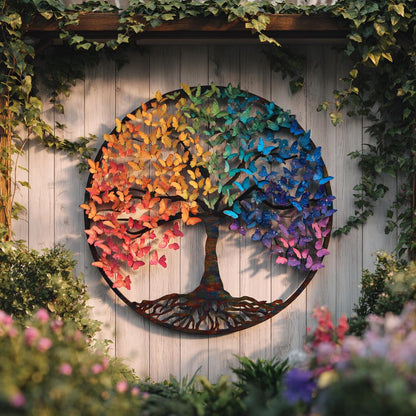 UV Printed Aluminum Butterfly Tree of Life Wall Art, Rainbow Garden Decor