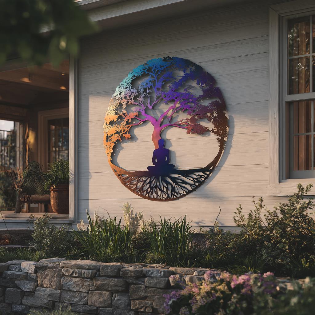 Tree of Life Meditation Metal Wall Art, Yoga Woman, Colorful Botanical (UV Printed Aluminum)