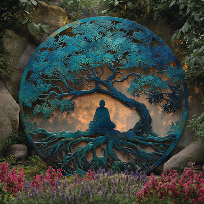 Tree of Life Meditation Metal Wall Art, Yoga Woman, Colorful Botanical (UV Printed Aluminum)