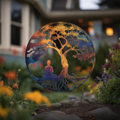 Tree of Life Meditation Metal Wall Art, Yoga Woman, Colorful Botanical (UV Printed Aluminum)