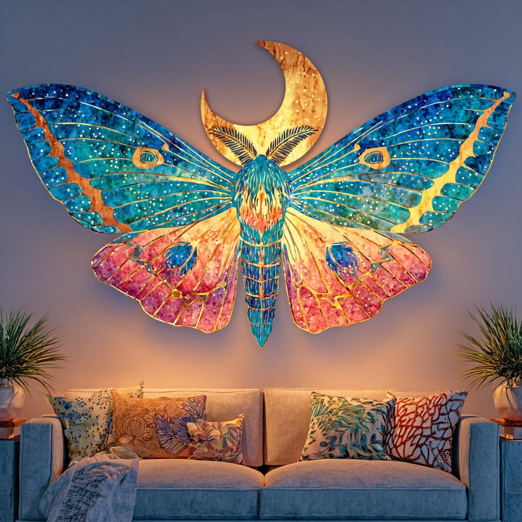 UV Printed Aluminum Moon Moth Wall Art: Celestial Boho Decor