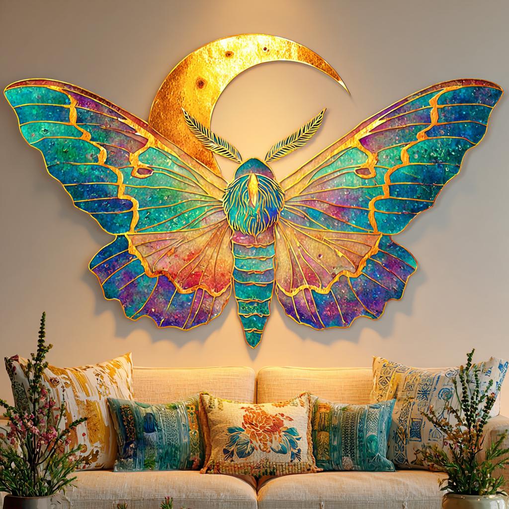 UV Printed Aluminum Moon Moth Wall Art: Celestial Boho Decor
