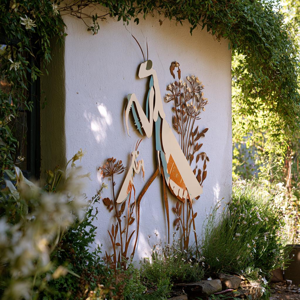 UV Printed Aluminum Mantis Wall Art, Rustic Garden Decor, Botanical Nature Sign