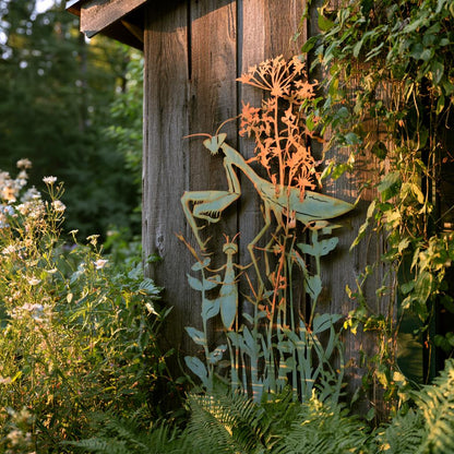 UV Printed Aluminum Mantis Wall Art, Rustic Garden Decor, Botanical Nature Sign