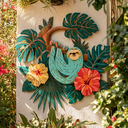 UV Printed Aluminum Sloth Wall Art, Tropical Jungle Decor, Botanical Garden Sign