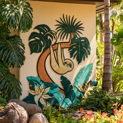 UV Printed Aluminum Sloth Wall Art, Tropical Jungle Decor, Botanical Garden Sign