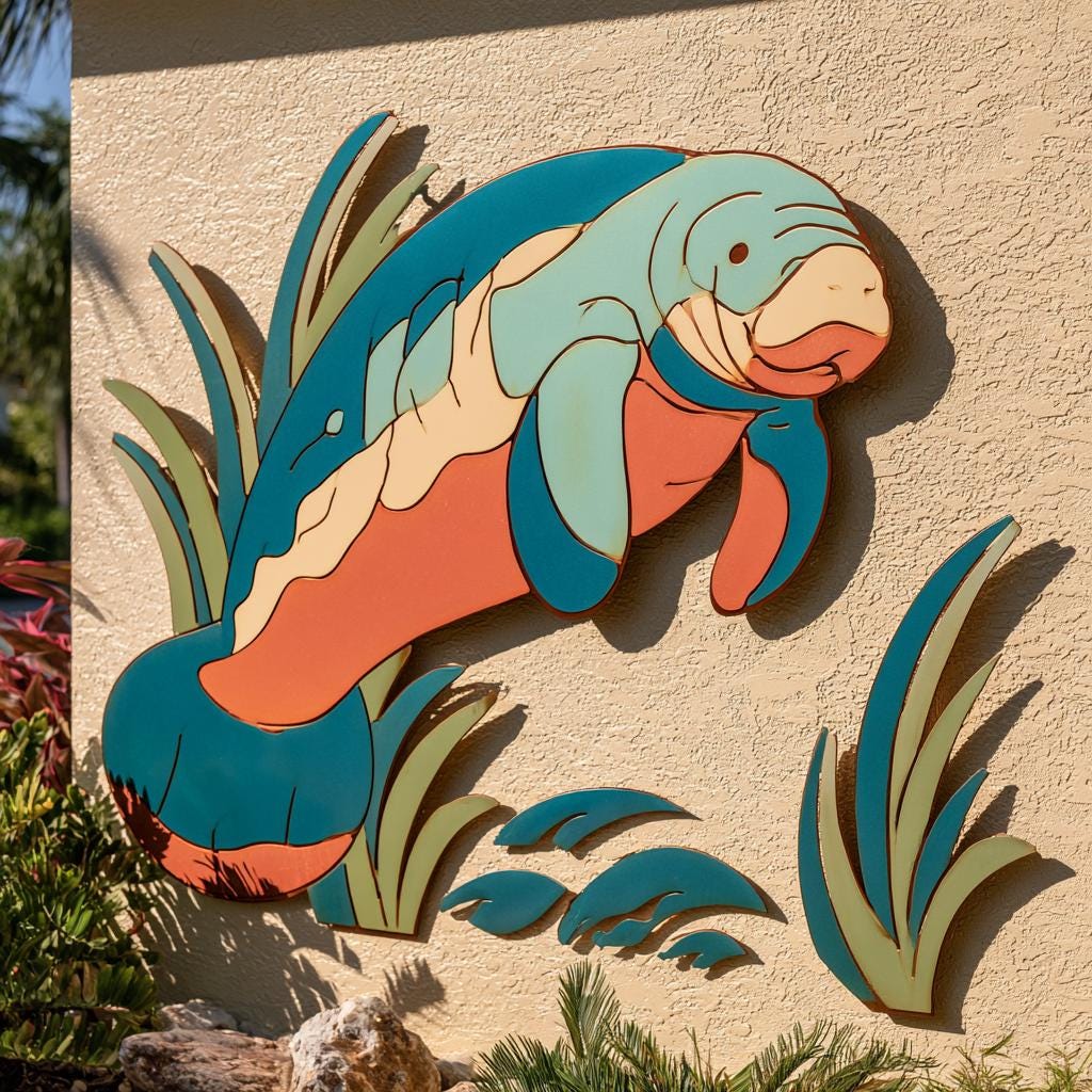 UV Printed Aluminum Manatee Wall Art, Coastal Tropical Decor (2D Metal Sign)