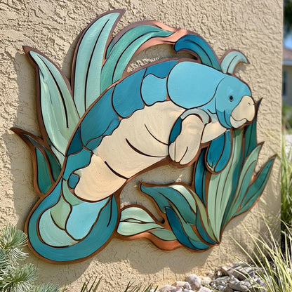 UV Printed Aluminum Manatee Wall Art, Coastal Tropical Decor (2D Metal Sign)
