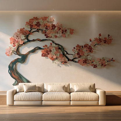 UV Printed Aluminum Cherry Blossom Wall Art, Japanese Sakura Tree Decor (2D Metal Sign)
