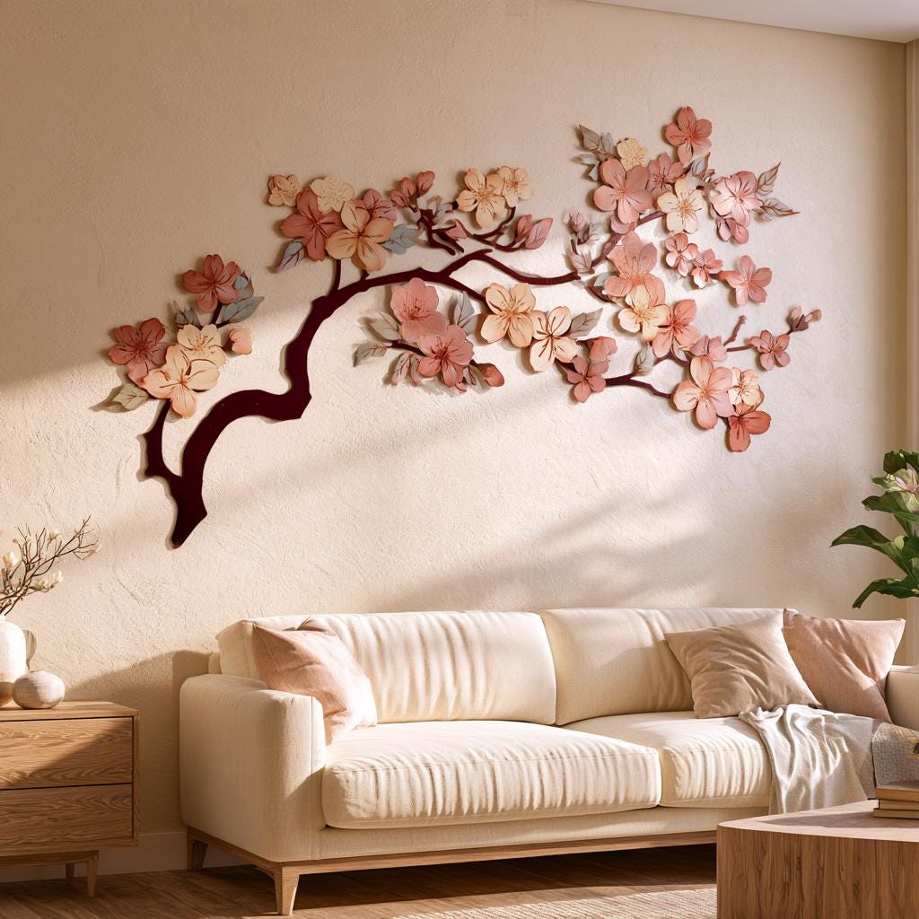 UV Printed Aluminum Cherry Blossom Wall Art, Japanese Sakura Tree Decor (2D Metal Sign)