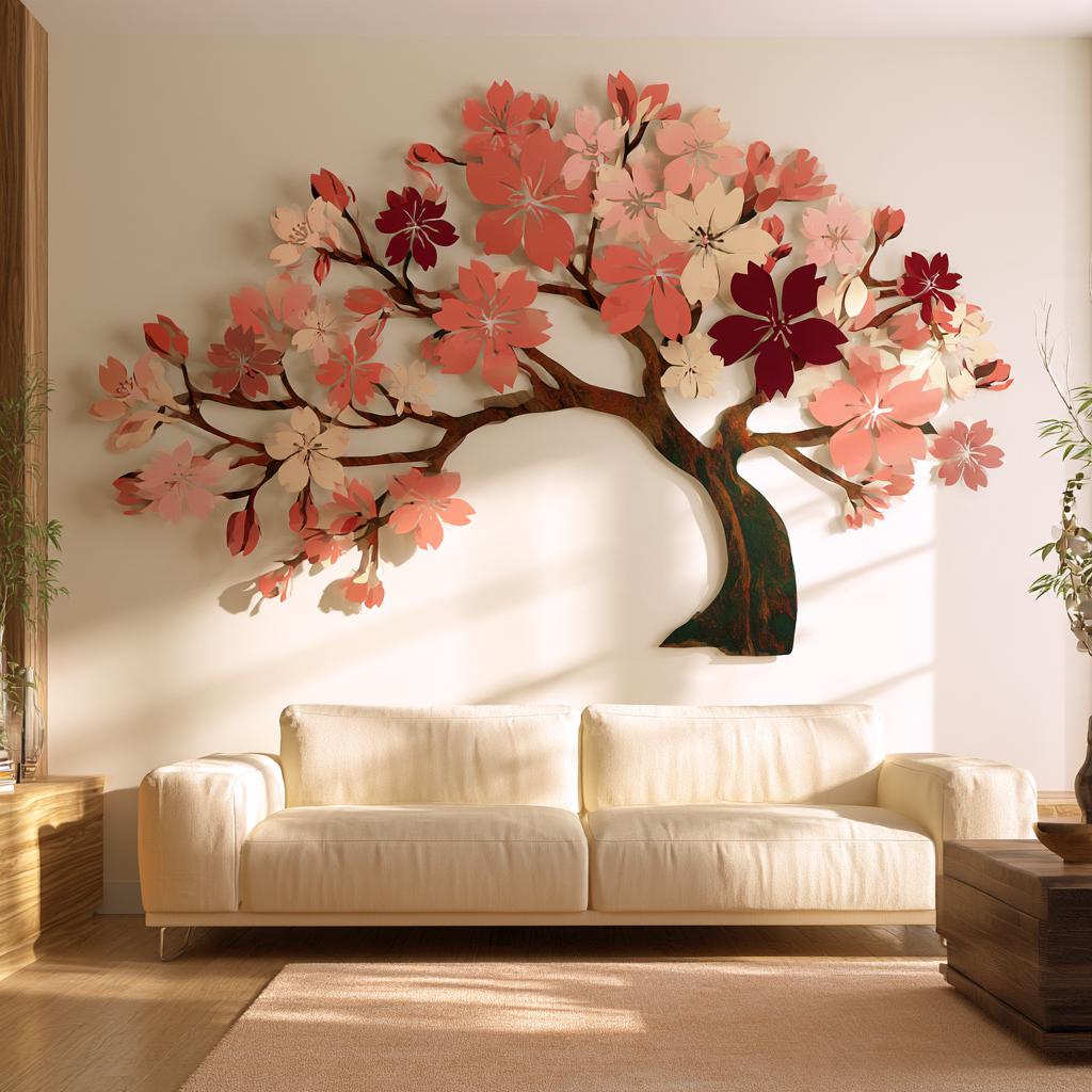 UV Printed Aluminum Cherry Blossom Wall Art, Japanese Sakura Tree Decor (2D Metal Sign)