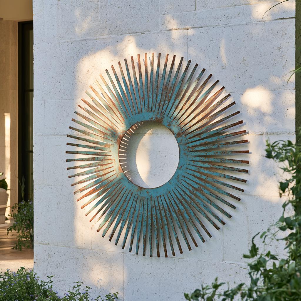 UV Printed Aluminum Sunburst Wall Art, Turquoise Copper Sun Decor (Outdoor Patio)