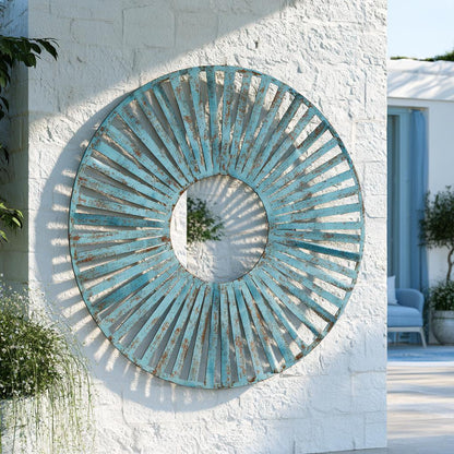 UV Printed Aluminum Sunburst Wall Art, Turquoise Copper Sun Decor (Outdoor Patio)