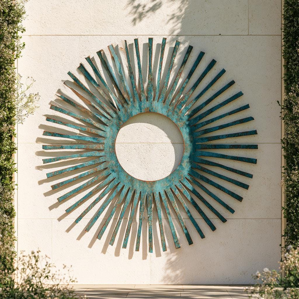 UV Printed Aluminum Sunburst Wall Art, Turquoise Copper Sun Decor (Outdoor Patio)