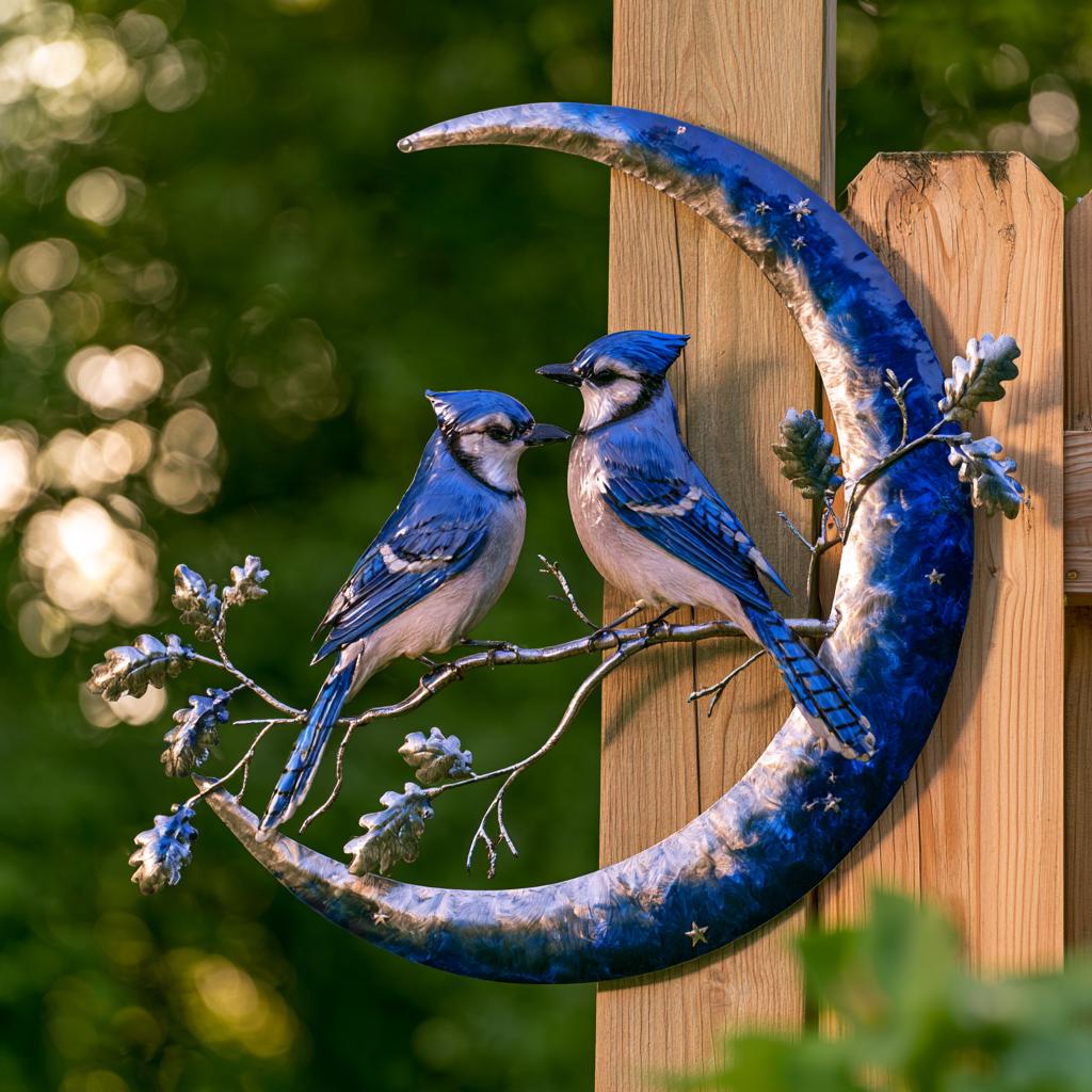 Blue Jay Moon Metal Wall Art, Turquoise Copper Garden Decor (UV Printed Aluminum)