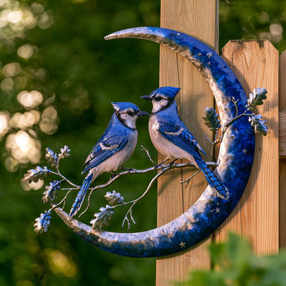 Blue Jay Moon Metal Wall Art, Turquoise Copper Garden Decor (UV Printed Aluminum)