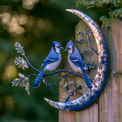 Blue Jay Moon Metal Wall Art, Turquoise Copper Garden Decor (UV Printed Aluminum)
