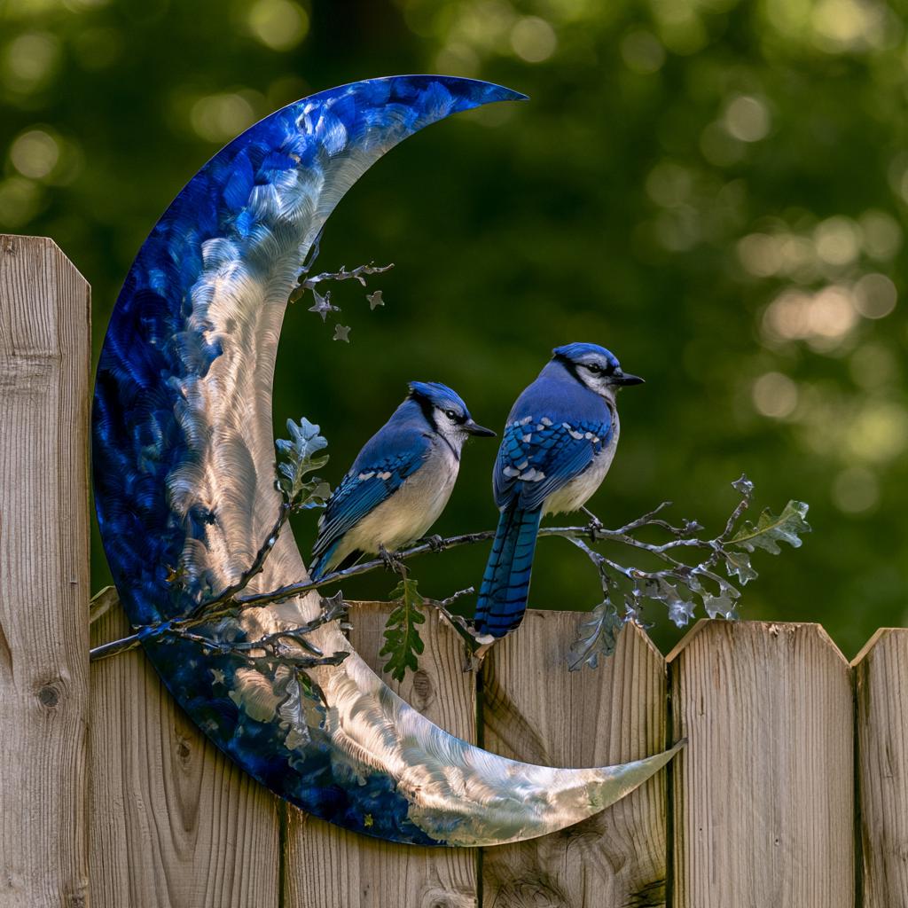 Blue Jay Moon Metal Wall Art, Turquoise Copper Garden Decor (UV Printed Aluminum)