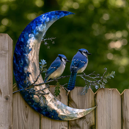 Blue Jay Moon Metal Wall Art, Turquoise Copper Garden Decor (UV Printed Aluminum)