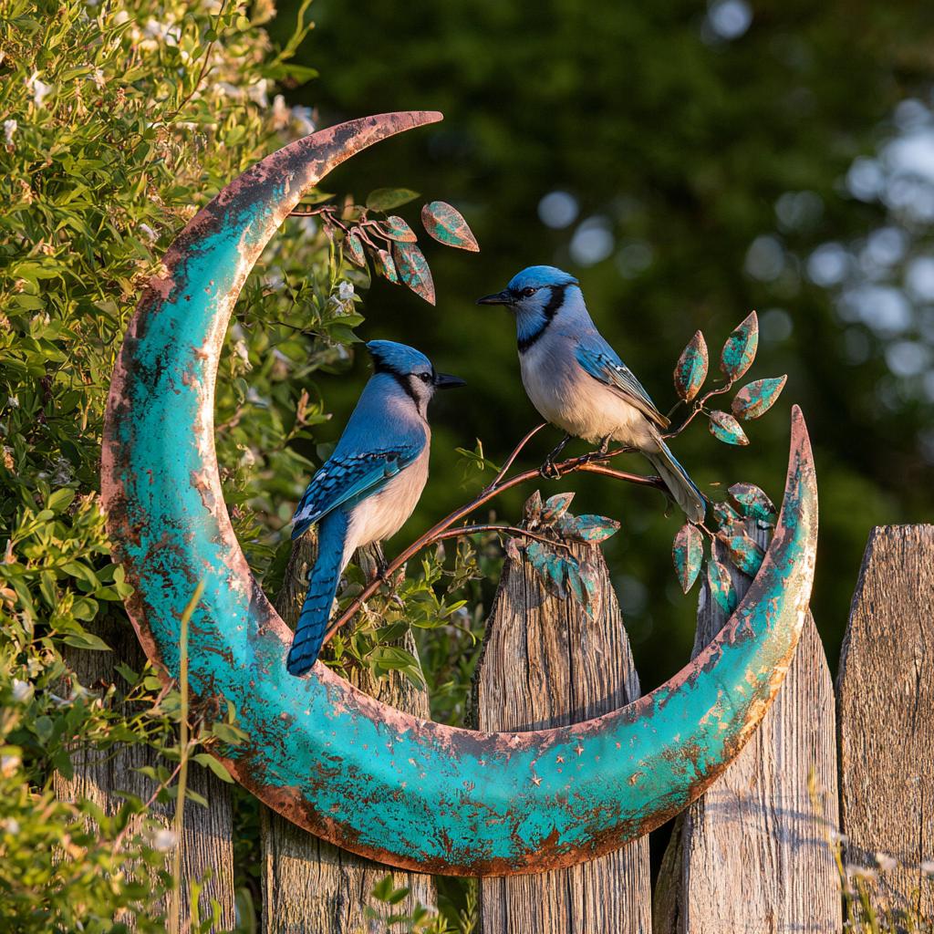 Blue Jay Moon Metal Wall Art, Turquoise Copper Garden Decor (UV Printed Aluminum)
