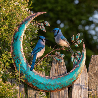 Blue Jay Moon Metal Wall Art, Turquoise Copper Garden Decor (UV Printed Aluminum)